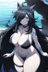 1girls ai_generated ass big_breasts bikini black_bikini black_hair blue_eyes breasts cat_ears catgirl female female_focus female_only huge_ass huge_breasts kasli_the_bane large_breasts pale-skinned_female smiling