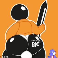 anthro ass balls bic_(copyright) big_bulge big_butt blue_yoshi bulge clothed clothing digital_drawing_(artwork) digital_media_(artwork) duo faceless_character faceless_male genitals glistening glistening_body glistening_butt glistening_head henrique_rick holding_object lickid male mario_bros nintendo orange_clothing orange_suit partially_clothed pen pencil_(object) rear_view simple_background suit thick_thighs underwear unimpressed watermark yoshi