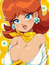 bodysuit breasts brown_hair cleavage female large_breasts mario_(series) mario_kart nintendo princess_daisy scarf shoulders tan_skin teasing unzipped unzipped_bodysuit