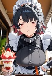 ai_generated big_breasts black_hair ellen_joe female female hell-pantsu multicolored_hair red_eyes red_hair sharp_teeth solo zenless_zone_zero