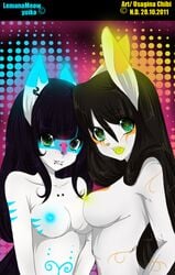 2011 2girls anthro bioluminescence black_hair blue blue_nipples blue_nose breasts bridge_piercing ear_piercing facial_markings facial_piercing feline female fur furry glowing glowing_nipples green_eyes green_tongue hair heart lagomorph lip_piercing long_ears long_hair looking_at_viewer markings namie nipples nose_piercing nude open_mouth orange orange_nose piercing purple_hair rabbit snakebite_piercing white_fur yellow yellow_nipples