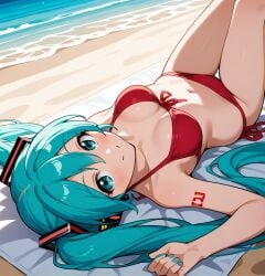 ai_generated anime anime_style beach bikini blue_hair cute female hatsune_miku looking_at_viewer red_bikini sea skinny small_body smile solo tattoo_on_arm towel