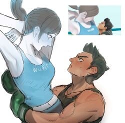 1boy 1girls abs absurd_res absurdres age_difference armpits belly_button blue_blush blue_lips blue_lipstick blush boxing_gloves clothed exposed_belly eye_contact female fighting grabbing gym_uniform hug lipstick little_mac muscular muscular_male oblivious older_female open_mouth oshirimarsh pale_skin ponytail ponytail_female punch_out reference_image screenshot shocked shocked_expression super_smash_bros. super_smash_bros._ultimate sweat tank_top up_close white_skin wii wii_fit wii_fit_trainer younger_male