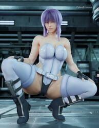 1girls cybrokrimson ghost_in_the_shell kneeling kusanagi_motoko legs_apart leotard solo white_leotard