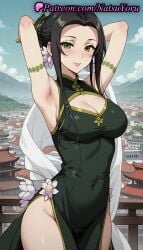 1girls ai_generated anime anime_style architecture armband armlet armpits arms_behind_head arms_up bare_shoulders black_hair blue_sky blush breasts building bust busty china_dress chinese_clothes cleavage cleavage_cutout closed_mouth clothing_cutout cloud covered_navel cowboy_shot day dress earrings east_asian_architecture female female_focus female_only flower flowers green_dress green_eyes hair_bun hair_flower hair_ornament jewelry large_breasts lips long_hair looking_at_viewer makeup mountain mountainous_horizon natsuyoru ost_horai outdoors parted_lips pelvic_curtain railing shawl side_slit sidelocks single_hair_bun sky sleeveless sleeveless_dress smile solo solo_female tate_no_yuusha_no_nariagari the_rising_of_the_shield_hero thighs voluptuous voluptuous_female