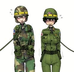 2girls army army_girl army_uniform blush collar comfort_woman female female_only gogocherry helmet leash leash_and_collar military military_uniform tagme