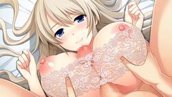 areolae blonde_hair blue_eyes blush breast_grab breasts censored female game_cg hoshi_ori_yume_mirai koizumi_amane lace large_breasts long_hair lying nipples okihara_misa on_back paizuri penis puffy_nipples smile