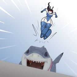 android beepo_(chunkymoon) black_hair blue_body blue_eyes blue_leotard jeff_the_land_shark leotard machine marvel marvel_rivals original_character robot robot_girl shark