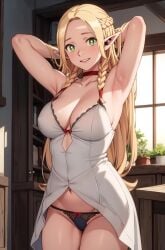 ai_generated armpits arms_up bare_thighs blonde_hair blush camisole dungeon_meshi elf elf_ears elf_female green_eyes huge_breasts huge_thighs large_breasts light-skinned_female light_skin long_hair looking_at_viewer marcille_donato panties pantyhose solo_female squatting sweat sweatdrop thick_body thick_female thick_thighs thighs voluptuous voluptuous_female