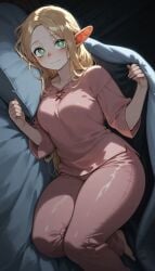 ai_generated artist_request bare_thighs big_breasts blonde_hair blush dungeon_meshi elf elf_ears elf_female green_eyes huge_breasts huge_thighs large_breasts light-skinned_female light_skin long_hair looking_at_viewer marcille_donato pajamas smiling solo_female squatting sweat sweatdrop thick_body thick_female thick_thighs thighs voluptuous voluptuous_female