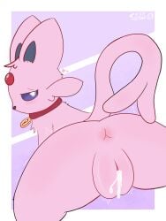 absurd_res anus ass bodily_fluids collar cum cum_in_pussy cum_inside digital_media_(artwork) eeveelution espeon female feral fleesoff forked_tail fur generation_2_pokemon genital_fluids genitals hi_res mammal nintendo pink_body pink_fur pokemon pokemon_(species) presenting presenting_hindquarters presenting_pussy purple_eyes pussy simple_background solo tail unusual_anatomy unusual_tail y_anus