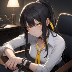 ai_generated aikawa_shuuko black_hair chains ecstas_online golden_eyes office office_lady ponytail