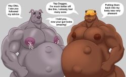 absurd_res anthro belly bodily_fluids canid canine canis dialogue domestic_dog duo father_(lore) hi_res imprint lactating male male/male male_lactation mammal muscular muscular_male mustelid nipples nude otter parent_(lore) pecs pregnant pregnant_male rub_lug_(furry) speech_bubble text vore