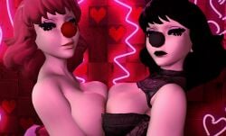 2girls 3d 3d_(artwork) absurd_res absurdres black_nose breasts breasts_pressed_against_partner clown_girl clussy female geiru_toneido goth_girl gyakuten_saiban image looking_at_viewer red_nose self_upload sleeping9to5