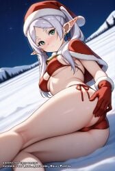 ai_generated ass blush elf elf_ears elf_girl female female frieren frieren_beyond_journey&#039;s_end green_eyes hell-pantsu jingle_bell solo thighs white_hair