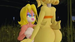 1boy 1boy1girl 1girls 3d 3d_(artwork) ass big_ass big_butt blue_eyes boobjob breasts candy_kong chica_(fnaf) chiku chiku_(cally3d) chiku_(cryptia) chiku_(zanicart) crop_top crossover donkey_kong_(series) eyelashes fazclaire's_nightclub female femboy femboy_on_female five_nights_at_freddy's forest fredina's_nightclub from_behind from_behind_angle hand_on_breast male male/female nintendo penis penis_between_breasts pink_nipples public_menace purple_eyeshadow robot robot_boy robot_femboy titjob wide_hips yellow_hair