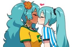 argentinian_miku brazilian_miku cyan_hair earrings hatsune_miku kissing tagme tan_skin yuri