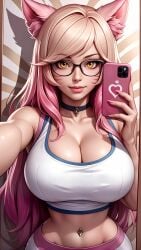 ahri ai_generated bare_shoulders beautiful big_breasts breasts cellphone choker cleavage close-up collarbone focus glasses hourglass_figure huge_breasts k/da_ahri k/da_all_out_series large_breasts league_of_legends lips lipstick looking_at_viewer midriff narrow_waist navel_piercing riot_games seducing seduction seductive seductive_body seductive_eyes seductive_gaze seductive_look seductive_mouth seductive_pose seductive_smile selfie shy sky4maleja smartphone talking_on_phone tank_top thin_waist upper_body vastaya