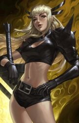 1girls armor belt belt_buckle big_ass big_breasts blonde_hair cleavage ejikure female female_only long_hair magik_(illyana_rasputin) magik_(marvel_rivals) marvel marvel_rivals navel short_shorts sword thick_thighs