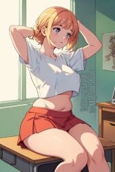 1girls ai_generated bittersweetnaightshade blonde_hair chubby chubby_female classroom crop_top medium_breasts nipple_bulge nipples_visible_through_clothing pleated_skirt pudgy_belly