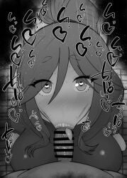 1boy 1girls :>= bare_shoulders big_penis black_and_white blowjob blush breasts censored dark-skinned_male dark_skin detailed_background drooling eyelashes fellatio female heart heart-shaped_pupils human indoor inside kurotama long_hair looking_at_viewer male male_pov oral oral_sex penis ponytail room saliva shiny shiny_skin sketch sound_effects squatting sweat text tied_hair tongue_out vein veins veiny veiny_penis zatsu_tabi