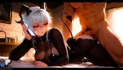 1boy 1girls ai_generated anal_sex ass_up bodystocking cum cum_in_ass demon_tail emotionless goat_horns grey_hair large_breasts minokai on_bed on_phone red_eyes self_upload uninterested uninterested_sex wuthering_waves zani_(wuthering_waves)