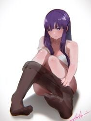 1girls absurdres black_pantyhose blunt_bangs bra breasts bright_pupils closed_mouth clothes_pull collarbone cut_bangs fern_(sousou_no_frieren) full_body gradient_background highres hylran0427 knees_up large_breasts long_hair pantyhose pantyhose_pull purple_eyes purple_hair shiny_skin signature simple_background sitting sousou_no_frieren strap_slip sweat underwear undressing white_bra