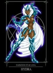 1girls armor brown_skin cape cleavage color cyan_eyes dark-skinned_female dark_skin drow elf eyelashes female female_only front_view hair jessica_elwood long_hair solo solo_female stern_face tail white_hair