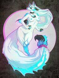 anthro bioluminescence breasts canine chest_tuft collar divashi dragon ear_piercing earring female fox fur furry glowing hair hybrid long_hair looking_at_viewer nipples nude piercing pose pussy roxy solo spearfrost webbed_hands white_hair