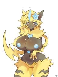 aurora_(nbanoob) big_breasts breasts cleavage female furry huge_breasts jiu5 nipples pokemon pokemon_(species) thick_thighs wide_hips zeraora