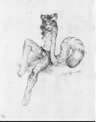 2002 anthro black_and_white breasts feline female fur furry glasses kacey monochrome pussy sitting sketch skimpy solo tail