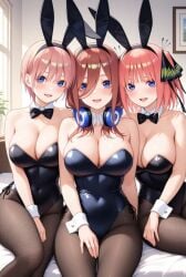 3girls ai_generated blue_eyes blush bunny_ears bunny_girl bunnysuit go-toubun_no_hanayome large_breasts nakano_ichika nakano_miku nakano_nino pink_hair red_hair sisters sitting_on_bed smile