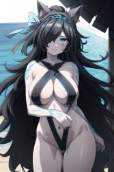 1girls ai_generated ass big_breasts bikini black_bikini black_hair blue_eyes breasts cat_ears catgirl female female_focus female_only huge_ass huge_breasts kasli_the_bane large_breasts pale-skinned_female smiling