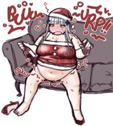 1girls 2024 alcohol big_breasts burping christmas christmas_outfit chubby chubby_female color english_text girls'_frontline green_eyes high_heels hk416_(girls'_frontline) huge_belly motion_lines onomatopoeia orristerioso plump santa_hat stomach_noises tagme