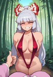 2d ai_generated angry bamboo bamboo_forest bare_shoulders belly belly_button big_breasts blush breasts civitai cleavage closed_eyes day duo edited embarrassed female_focus female_pov fujiwara_no_mokou gritted_teeth hairbow kaguya_houraisan long_hair outdoors photoshop_edited pov pov_hands self_upload silver_hair slingshot_swimsuit standing swimsuit_only swimwear swimwear_only thick_thighs thighs thumbs_up tied_hair touhou white_hair