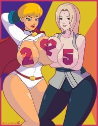 2girls big_breasts blonde_hair blue_eyes breasts brown_eyes crossover dc dc_comics eastern_and_western_character female female_only huge_breasts large_breasts multiple_girls naruto new_year pills-in-a-little-cup power_girl superman_(series) tsunade