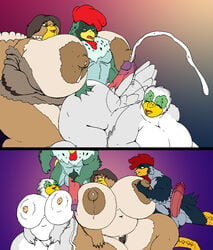 anthro big_breasts big_penis breasts cum female foursome group_sex hen huge_breasts lactation male male_chicken morbidly_obese orgy overweight owl penis sex turkey vdisco