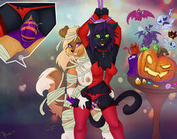 anthro bag bat black_nose blonde_hair blush border_collie bound breasts cameltoe candy canine close-up clothes collar corset costume dildo feline female from_behind fur furry ghost gloves green_eyes hair half-dressed halloween interspecies long_hair mammal mummy nipples panties panties_on_side penetration phsuke pink_nose pumpkin purple_eyes purple_hair pussy rae raised_arm sex_toy skimpy strap-on stripes table undead underwear vaginal_penetration wrapping yuri