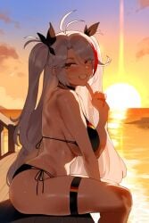 1girls ai_generated azur_lane beach big_breasts bikini breasts female female_focus huge_breasts large_breasts light-skinned_female looking_at_viewer prinz_eugen_(azur_lane) prinz_eugen_(unfading_smile)_(azur_lane) smiling smiling_at_viewer sunset thick_thighs thighs twintails white_hair yellow_eyes