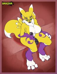 1futa breasts canine chest_tuft daxzor digimon digitigrade ear_piercing earring fox futa_only futanari glasses herm intersex looking_at_viewer nipples nude penis piercing reiku renamon sitting solo tail thighs wide_hips