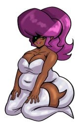 avgustskull b3_gf_(blazethewolf55) big_breasts cleavage clothed dark-skinned_female fangs friday_night_funkin friday_night_funkin_(b3_mod) friday_night_funkin_mod magenta_hair magenta_lipstick on_knees ponytail shaya_dearest solo tagme white_dress