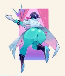 1boy 2d artist_request backsack blue_skin bottomless deltarune deltarune_chapter_3 guitar hearts hearts_around_body heel_boots heels kris_(deltarune) love_hearts male presenting_hindquarters pretty_boy rockstar rockstar_kris sparkles