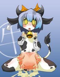 bell blue_hair blush bovine breasts collar cow_girl ear_tag female furry glass hair horns japanese_text kneeling lactating_into_cup lactation looking_at_viewer milk mukomizu navel nipples open_mouth pussy ribbon ribbons sitting solo translation_request udders yellow_eyes