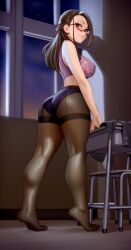 absurdres ass bare_arms bare_shoulders black_pantyhose bra breasts brown-framed_eyewear brown_hair chair classroom commentary desk earrings english_commentary evening female from_side full_body glasses half_updo highres indoors jacket jewelry kairuhentai kairunoburogu kneepits large_breasts large_variant_set long_hair looking_at_viewer miru_tights no_shirt no_shoes okuzumi_yuiko panties panties_under_pantyhose pantyhose purple_bra purple_panties school_desk semi-rimless_eyewear shoes_removed smile solo standing teacher thighband_pantyhose tiptoes under-rim_eyewear underwear unworn_jacket unworn_shoes variant_set window