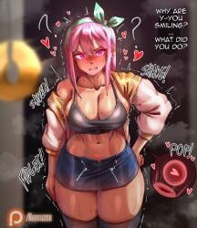 1girls 2d asking aubrey_(omori) big_breasts blue_skirt blush breasts busty cleavage clothing dialogue english_text female heart hearts_around_head huge_breasts hypnosis in_heat large_breasts leggings legs_together long_hair midriff midriff_baring_shirt mind_control nonosamu omori ovulation ovum ovum_with_heart pendulum pink_eyes pink_hair ribbon shivering skirt sweating talking_to_viewer text thick_thighs thighhighs toned toned_female wide_hips
