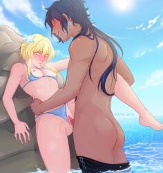 blonde_female blonde_hair blue_hair couple couple_(romantic) couple_sex genshin_impact hoyoverse kaeya_(genshin_impact) lumine_(genshin_impact)