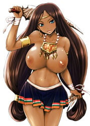 blue_eyes breasts brown_hair dark-skinned_female dark_skin dual_wielding earrings female jewelry long_hair necklace nipples pointy_chin solo topless tousen very_long_hair weapon