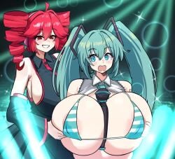 animated blue_eyes blue_hair blush breasts female groping_breasts hatsune_miku huge_breasts jpg kasane_teto miruyuyo red_eyes red_hair smug tagme twitter_link video vocaloid