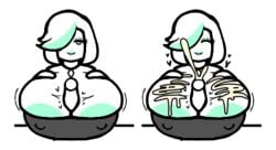 aplovestudio areola_slip cum cum_on_breasts dialogue ejaculation_between_breasts female gigantic_breasts green_lipstick green_nipples huge_nipples hyper_breasts looking_at_viewer milf original_character short_hair text titjob