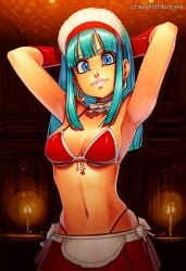 2025 ai_generated armpits arms_up artist_name bikini blue_eyes blue_hair bra_(dragon_ball) breasts crazyfishbones female jewelry navel solo